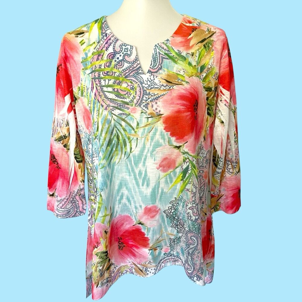 Jess & Jane Sublimation Floral Hi-Lo Hem Tunic Blouse Top Shirt L Rayon Blend